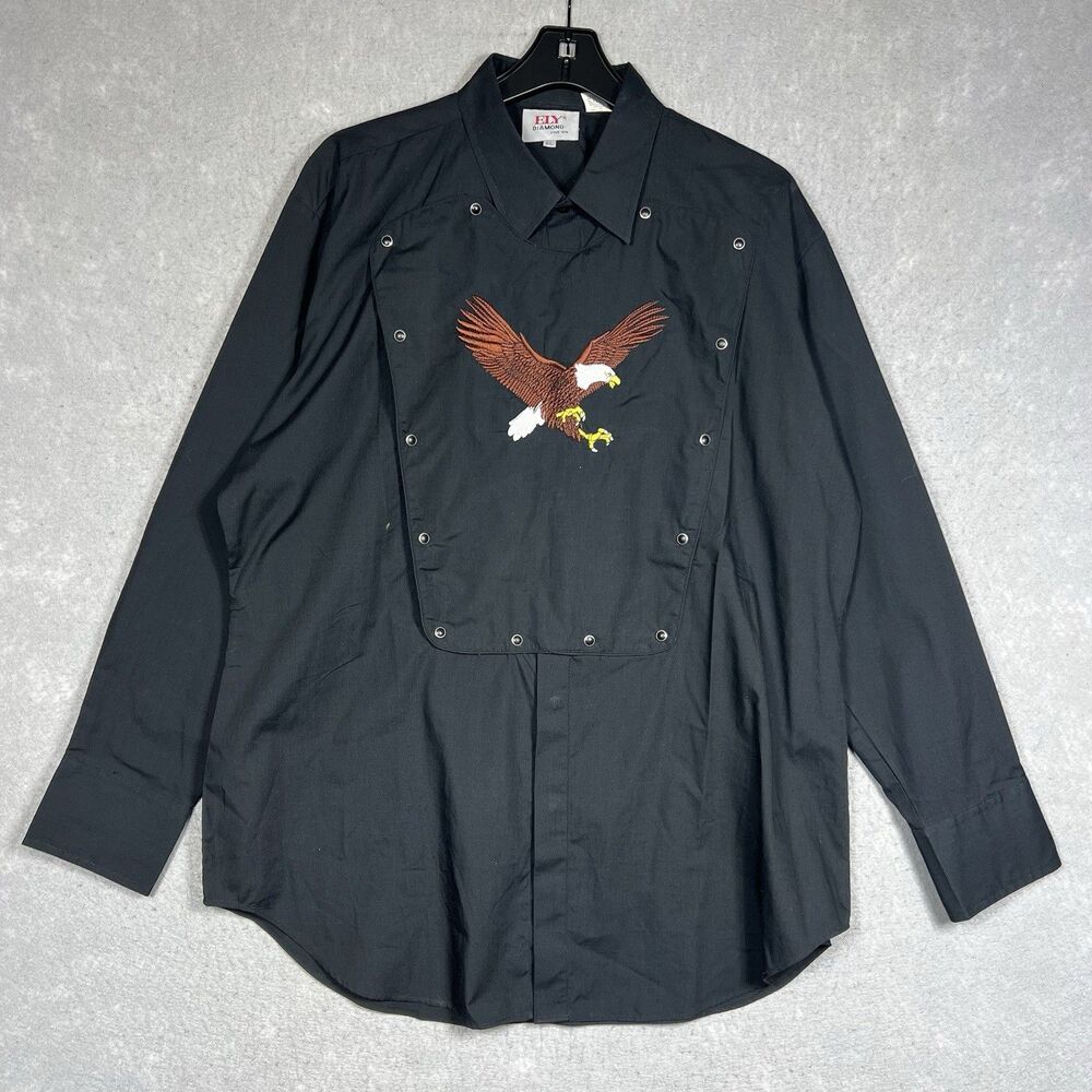 Ely Diamond RANCH Western Pearl Snap Bib Shirt Eagle Black Long Sleeve XL